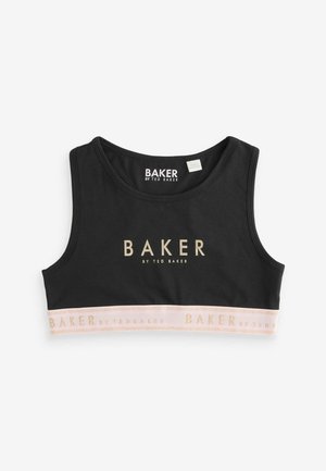 Fekete sportmelltartó, puha anyagból készült, kerek nyakkivágással, arany "BAKER" logóval az elején és rózsaszín márkás derékszíjjal.