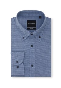 Niebieska koszula slim fit z kołnierzykiem button-down i małym wzorem w kratkę, złożona, z widocznymi guzikami na kołnierzyku i mankietach.