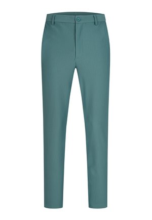 Pantalones de rayas en teal con corte recto, que cuentan con cierre de botón, pasadores para cinturón y un ajuste entallado, realizados en una tela texturizada.
