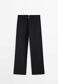 Svarta byxor med smala ränder och breda ben, bälteshällor och två bakfickor. Materialet verkar slätt med en lätt glans.