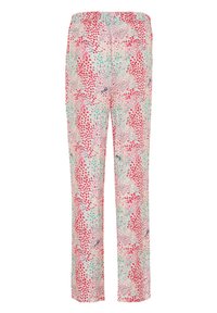 Spodnie z lekkiego materiału w kwiatowy wzór, o luźnym kroju. Kolory to czerwony, różowy, turkusowy i biały. Elastyczny pas z tyłu.