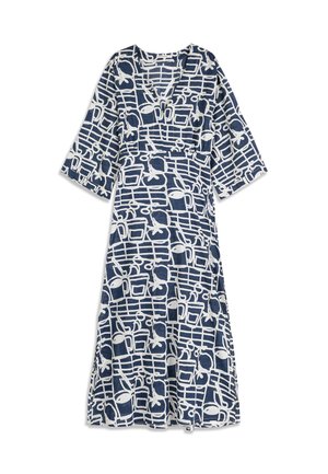 Navy blue midi dress with white abstract geometric and cup patterns, V-neckline, three-quarter sleeves, and a fitted waist.