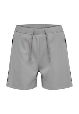 Shorts de sport gris avec une taille élastique et un cordon de serrage, dotés de poches latérales et de détails noirs sur les côtés.
