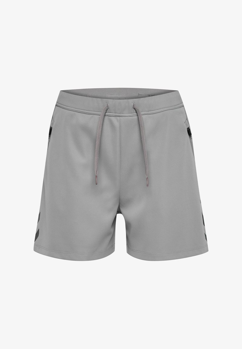 Graue Sportshorts mit einem elastischen Bund und Kordelzug, ausgestattet mit Seitentaschen und schwarzen Akzenten an den Seiten.