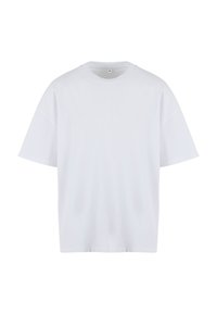 T-shirt blanc uni à manches courtes et col rond en taille moyenne, présenté sur un fond blanc.