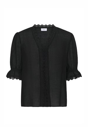 Čierna blúzka s krátkymi nafúknutými rukávmi, s golierom so scallopým lemovaním a zapínaním na gombíky vpredu. Vyrobená z ľahkého, textúrovaného materiálu s čipkovými detailmi.
