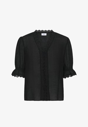 Čierna blúzka s krátkymi nafúknutými rukávmi, s golierom so scallopým lemovaním a zapínaním na gombíky vpredu. Vyrobená z ľahkého, textúrovaného materiálu s čipkovými detailmi.