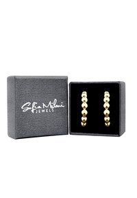 Guldörhängen som visas i en grå låda med svart sammet på insidan, med en texturerad utsida och en vit logga på locket.