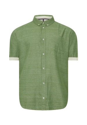 Kortærmet grøn skjorte med knapper, tekstureret stof, knappet krave og brystlomme på venstre side.