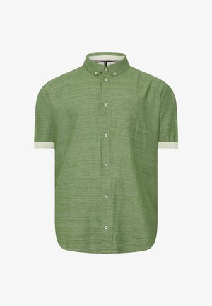 Chemise verte à manches courtes avec boutons, tissu texturé, col boutonné et poche poitrine côté gauche.