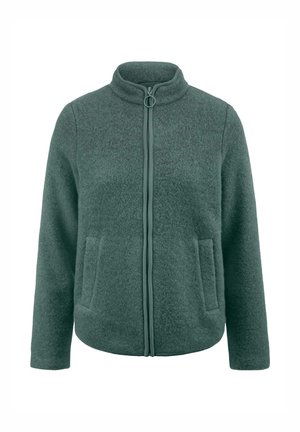 Grüne Fleecejacke mit hohem Kragen, Frontreißverschluss und zwei seitlichen Taschen. Sie zeichnet sich durch eine weiche Textur und einen entspannten Schnitt aus.