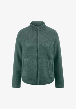 Grüne Fleecejacke mit hohem Kragen, Frontreißverschluss und zwei seitlichen Taschen. Sie zeichnet sich durch eine weiche Textur und einen entspannten Schnitt aus.