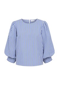 Blouse en vichy bleu et blanc avec des manches trois-quarts bouffantes et un col rond.