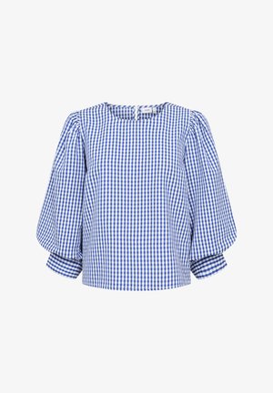 Blusa de cuadros vichy azul y blanca con mangas abullonadas tres cuartos y escote redondo.