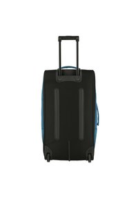 Valigia con ruote di colore nero e dettagli turchesi. Manico retrattile e due ruote alla base per la mobilità. Texture del tessuto liscia.