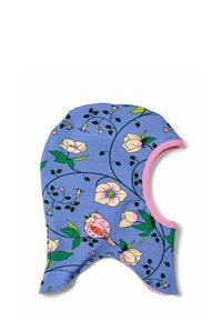 Cappello di stoffa blu con motivo floreale che presenta fiori rosa e un uccello. Bordo rifinito in rosa. Texture liscia, design aderente.