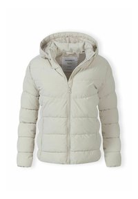 Giubbotto puffer beige chiaro con cappuccio, caratterizzato da un'imbottitura a righe orizzontali, una cerniera frontale e un'etichetta interna. Texture liscia e opaca.