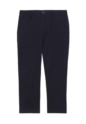 Námornícky modré krátke nohavice s prednými vreckami, zapínaním na gombík a zips a s opaskovými slučkami, zobrazené na bielom pozadí.