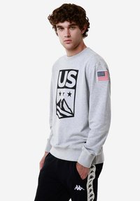 Felpa grigia con design grafico nero che presenta montagne e "US", arricchita da una toppa con la bandiera americana sulla manica.