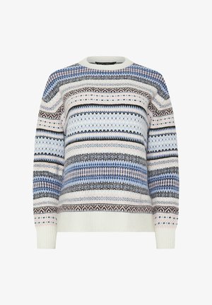 Maglione lavorato a maglia con collo rotondo, caratterizzato da motivi orizzontali blu, bianchi, neri e rosa. Polsini e orlo a costine. Tessuto morbido.