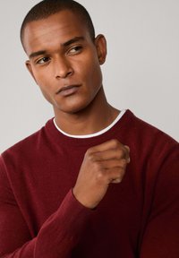 Muškarac u burgundi puloveru preko bijele košulje, gleda sa strane s promišljenim izrazom lica, ruka mu je podignuta blizu prsa.