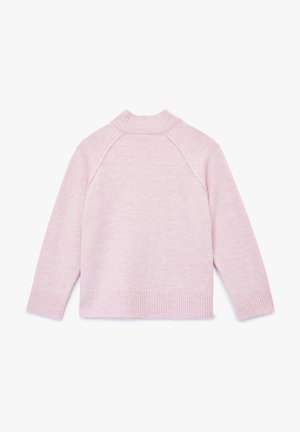 Hellrosa Pullover mit hohem Ausschnitt, gerippten Bündchen und Saum. Aus weich material gefertigt, mit Raglansleeves und einer glatten Textur.