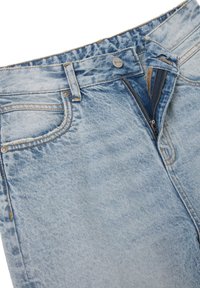 Light blue denim jeans with a faded wash, featuring a zip fly, button closure, five pockets, and contrast stitching details.