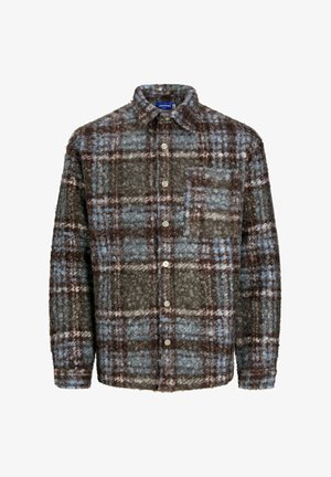 Brown and blue plaid shirt jacket made of textured fabric; features a chest pocket and button closure.