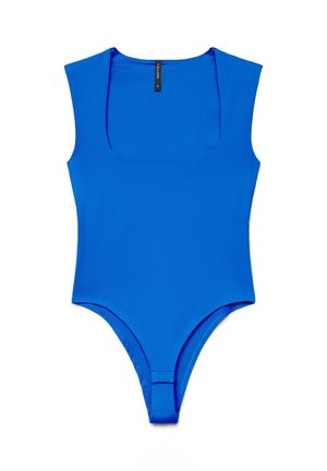 Body aderente senza maniche di un brillante blu con scollo quadrato, spalline larghe e chiusura a scatto all'incavo della gamba.