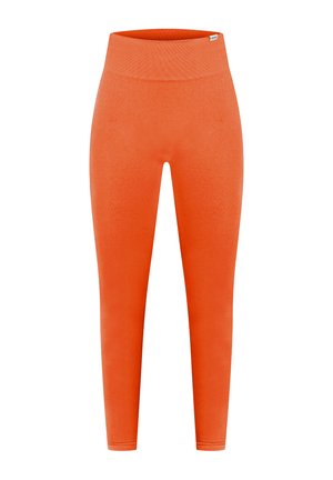 Orange leggings med en høj elastisk talje, lavet af et glat, strækbart materiale, der har et figursyet design og ankellængde.