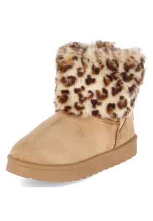 Beiger Winterstiefel mit Umschlagmanschette aus weichem Kunstpelz in braun-beigem Leopardenmuster.