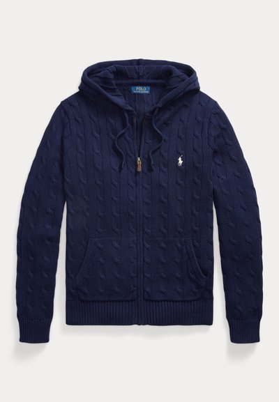 Μπλε ναυτικό ζακάρ φούτερ με φερμουάρ, μπροστινές τσέπες, κουκούλα με κορδόνι και λευκό κεντημένο λογότυπο Polo Ralph Lauren στο στήθος.