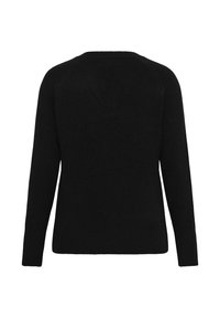 Pulover negru cu guler rotund, mâneci lungi și o textură netedă. Are un design simplu și manșete și tiv cu model în relief.