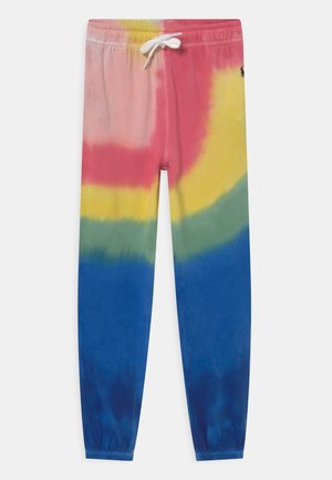 Dziecięce spodnie dresowe z elastycznym pasem i ściągaczami, z wielobarwnym motywem tie-dye w różowym, żółtym, zielonym i niebieskim kolorze oraz białym sznurkiem.