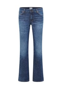 Siniset denimleviksiin levenevät farkut, joissa keskitason vyötärö. Niissä on viisi taskua, kultaista ompelua ja napin sekä vetoketjun suljenta. Sileä pinta.