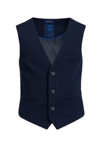 Marinblå texturerad väst med V-ringning, fem knappar, två framfickor och en slät fodrad insida.
