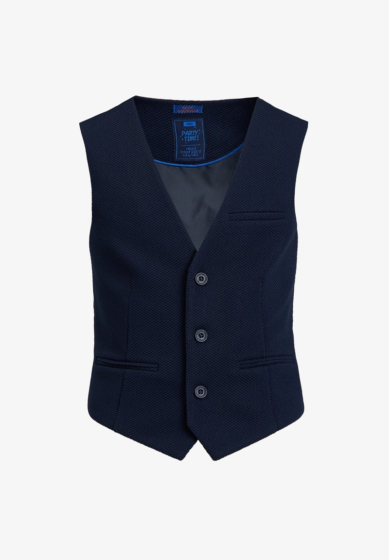 Marinblå texturerad väst med V-ringning, fem knappar, två framfickor och en slät fodrad insida.