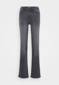 Grå utsvingte jeans laget av denim, med høy midje, fem lommer og knappelukking. Jevn tekstur med subtile falminsdetaljer.