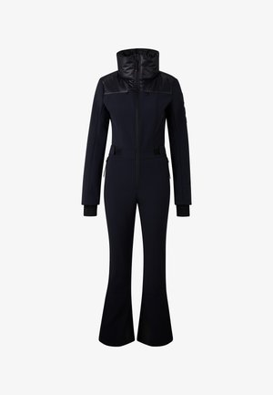 Czarny kombinezon narciarski z wysokim kołnierzem, dopasowanym krojem, zamkiem błyskawicznym z przodu i rozszerzanymi nogawkami. Wykonany z gładkiego, elastycznego materiału.