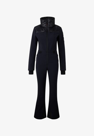 Černý lyžařský oblek s vysokým límcem, přiléhavým střihem, předním zipem a rozšířenými nohavicemi. Vyrobený z hladké, elastické tkaniny.