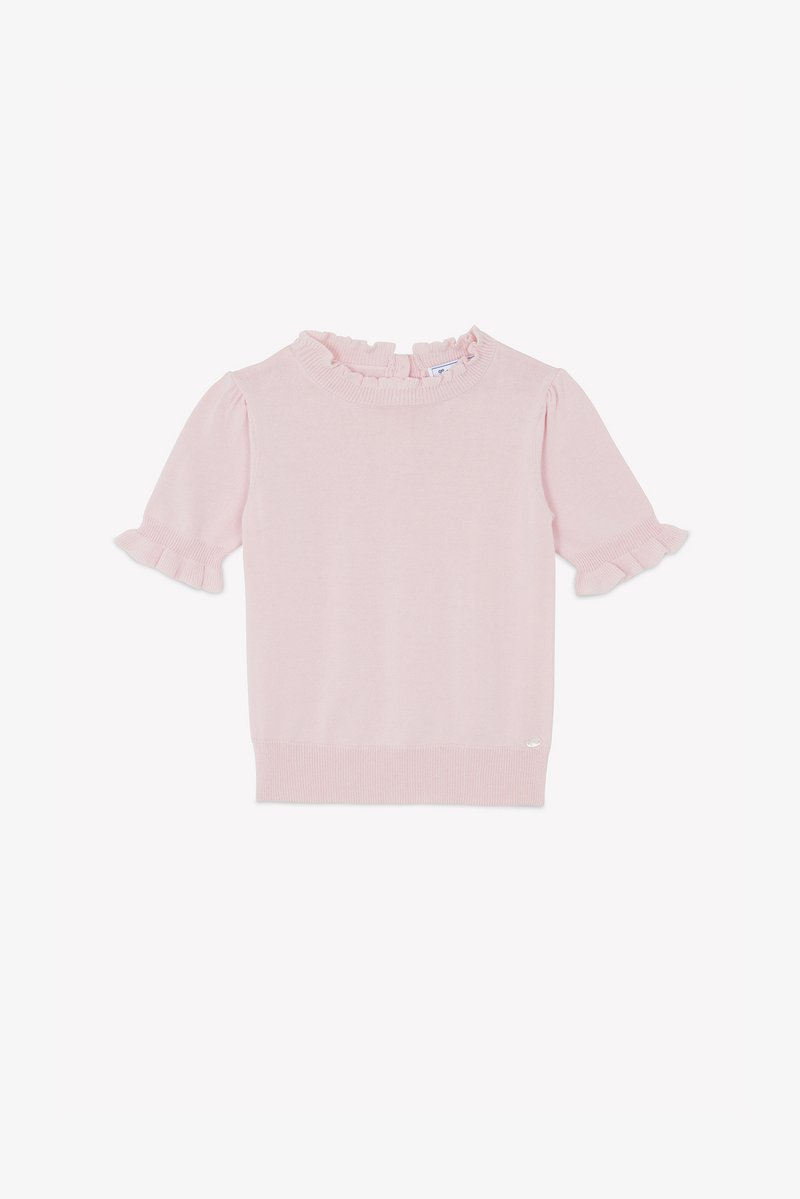 Maglioncino rosa chiaro a maniche corte con scollo e bordi delle maniche arruffati, orlo a coste e piccolo logo decorativo sul lato inferiore.