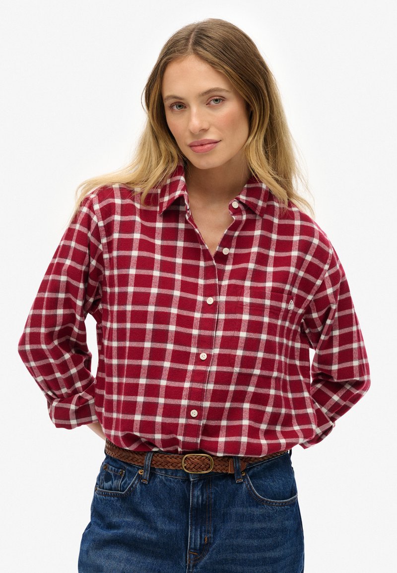 Chemise en flanelle à carreaux rouges et blancs avec un devant boutonné et un col, associée à un jean bleu et une ceinture tressée marron.