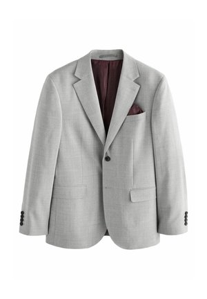 Light gray blazer made of textured fabric, featuring a notched lapel, two front pockets, and a burgundy pocket square in the chest pocket.
