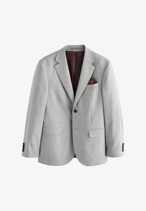 Blazer grigio chiaro realizzato in tessuto testurizzato, con revers a punta, due tasche frontali e un fazzoletto bordeaux nella tasca sul petto.