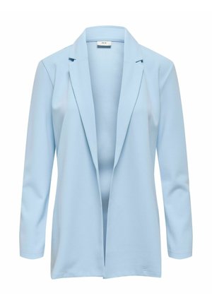 Blazer bleu ciel en tissu doux, avec un col à revers cranté, devant ouvert et manches longues. Texture lisse sans attaches visibles.