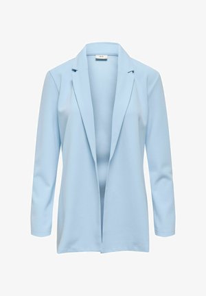 Nebesno modra suknjič iz mehke tkanine, s kljubnim reverjem, odprtim sprednjim delom in dolgimi rokavi. Gladek tekstura brez vidnih zapenjanj.