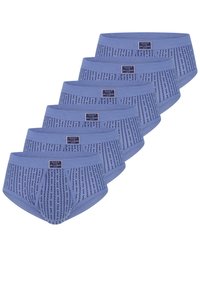 Cinque paia di boxer blu con un motivo testurizzato e una cintura elastica, ciascuno con una piccola etichetta logo sul davanti.