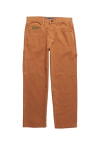Pantalones de carpintero en color óxido, confeccionados con tela duradera, que presentan un corte clásico, lazo para cinturón, múltiples bolsillos y un bolsillo lateral para herramientas.