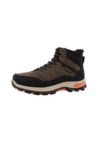 Bottes de randonnée imperméables marron et noires avec une finition texturée, un col rembourré et des accents orange contrastants. Semelle en caoutchouc pour une meilleure adhérence.