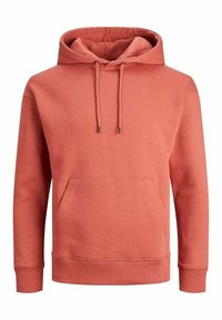 Sudadera con capucha color coral, hecha de material suave, con un bolsillo delantero, cordones ajustables y puños acanalados en las mangas y el dobladillo. Diseño clásico de pulóver.